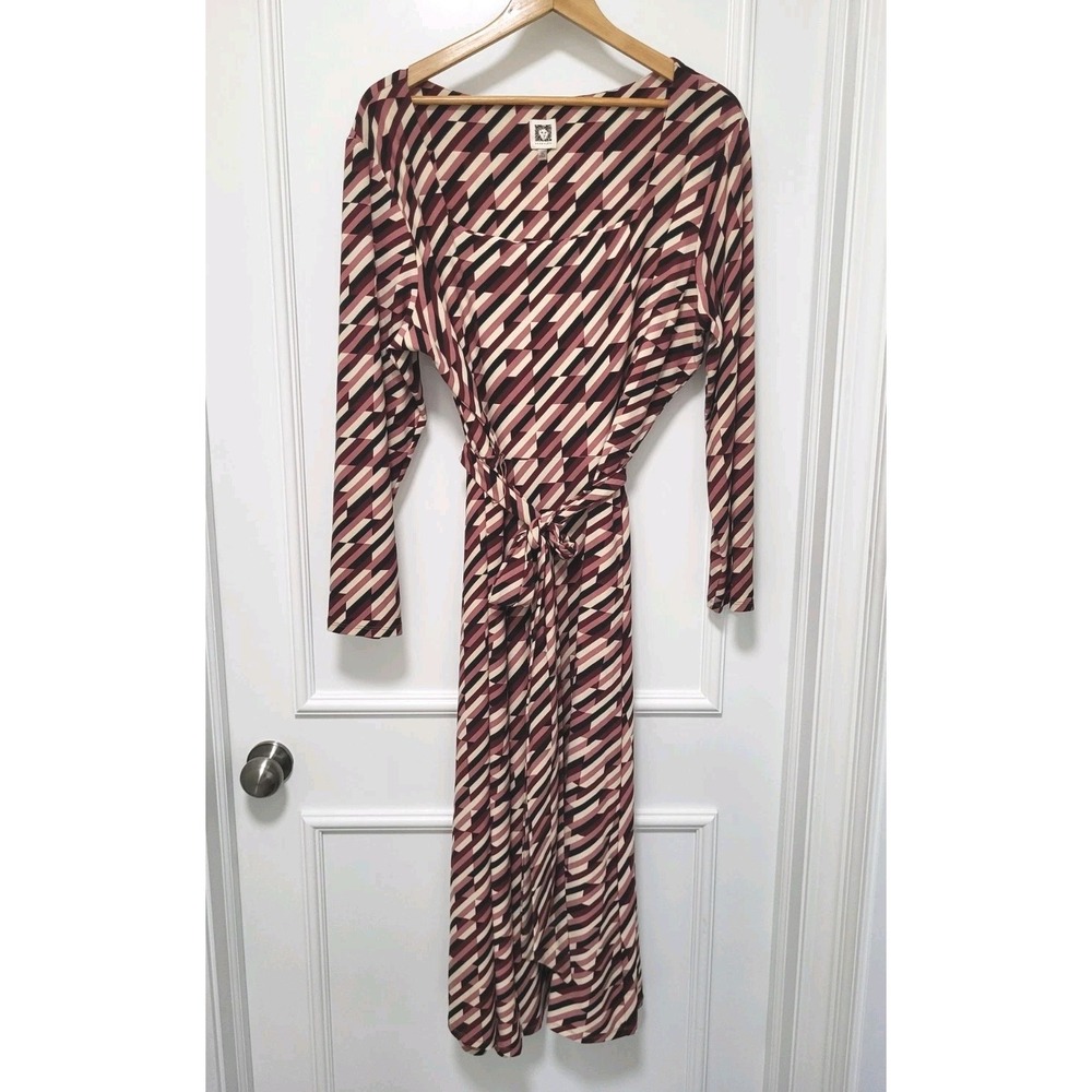 Burgundy Geometric Stretch Long Sleeve Belted Midi Dress Anne Klein 3X